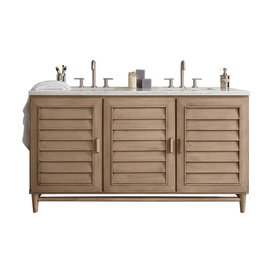 Portland 60" Double Vanity Whitewashed Walnut w/ 3 CM Arctic Fall Solid Surface Top James Martin Vanities