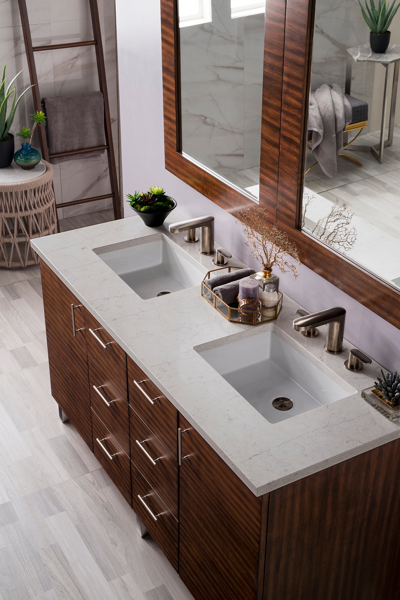 Metropolitan 60" Double Vanity, American Walnut, w/ 3 CM Eternal Jasmine Pearl Quartz Top James Martin Vanities
