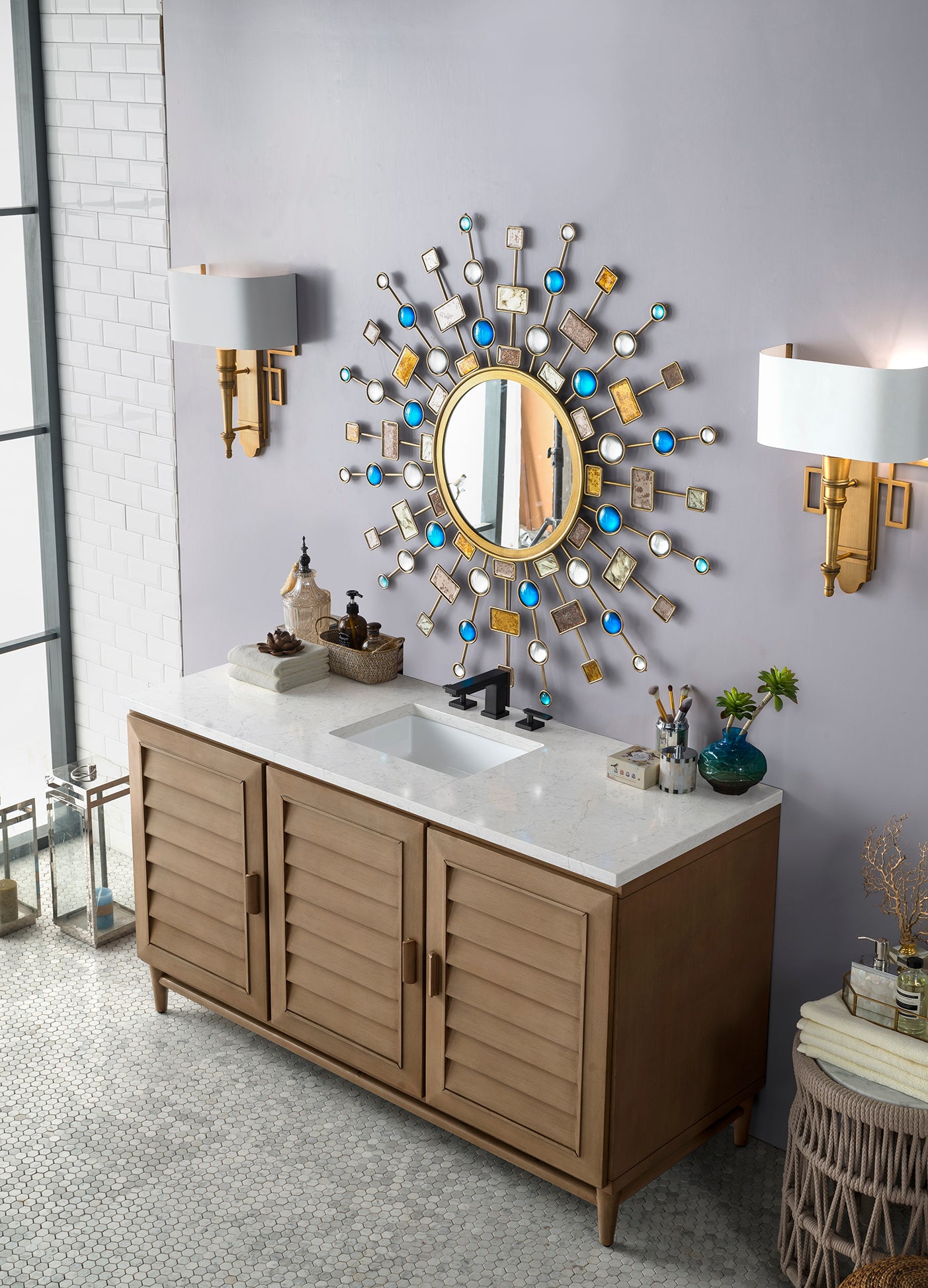 Portland 72" Double Vanity Whitewashed Walnut w/ 3 CM Carrara Marble Top James Martin Vanities