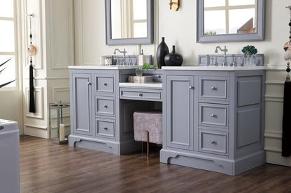 De Soto 82" Double Vanity Set, Silver Gray w/ Makeup Table, 3 CM White Zeus Quartz Top James Martin Vanities