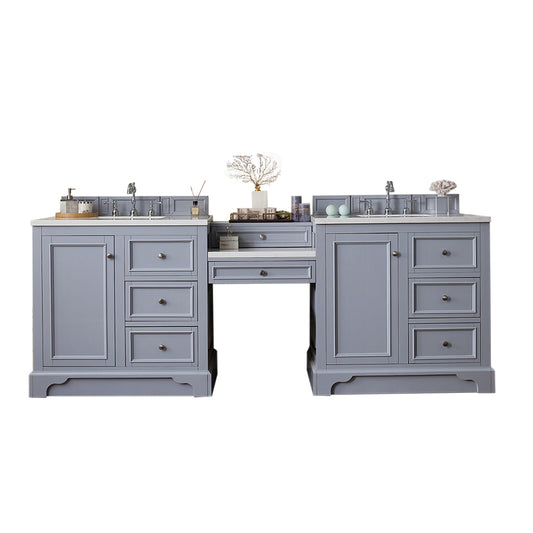 De Soto 94" Double Vanity Set, Silver Gray w/ Makeup Table, 3 CM Carrara Marble Top James Martin Vanities