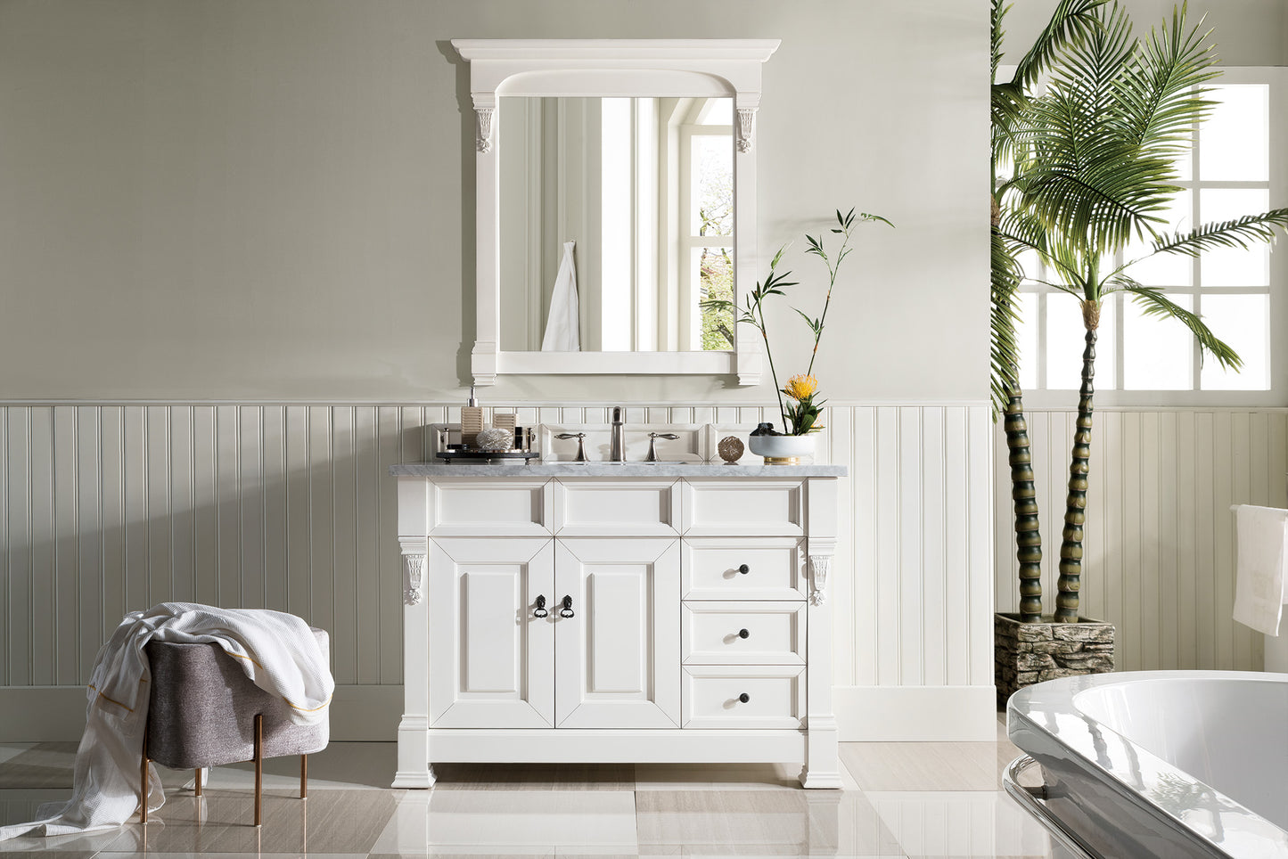 Brookfield 48" Single Vanity, Bright White w/ 3 CM Carrara Marble Top James Martin Vanities
