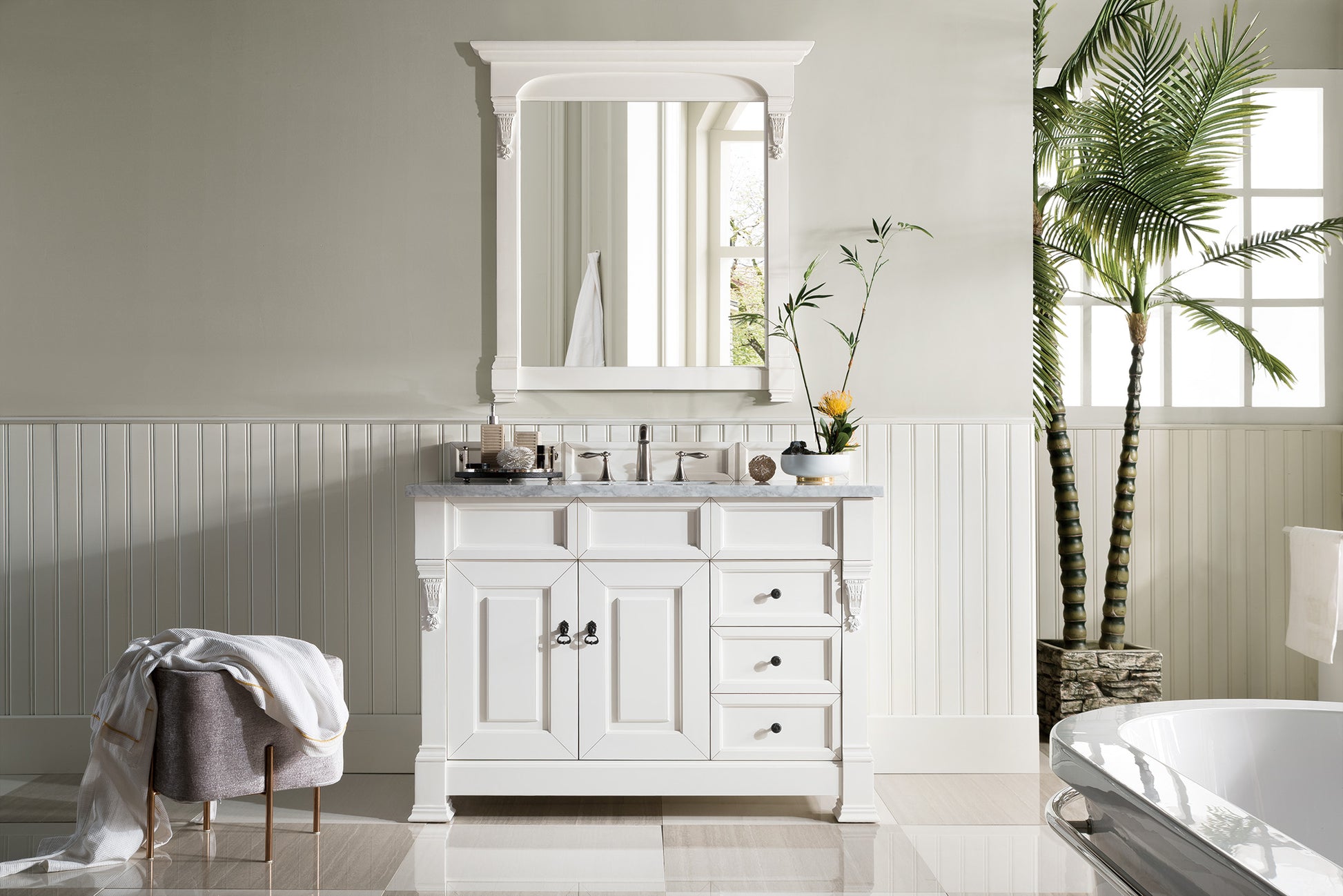 Brookfield 48" Single Vanity, Bright White w/ 3 CM Carrara Marble Top James Martin Vanities