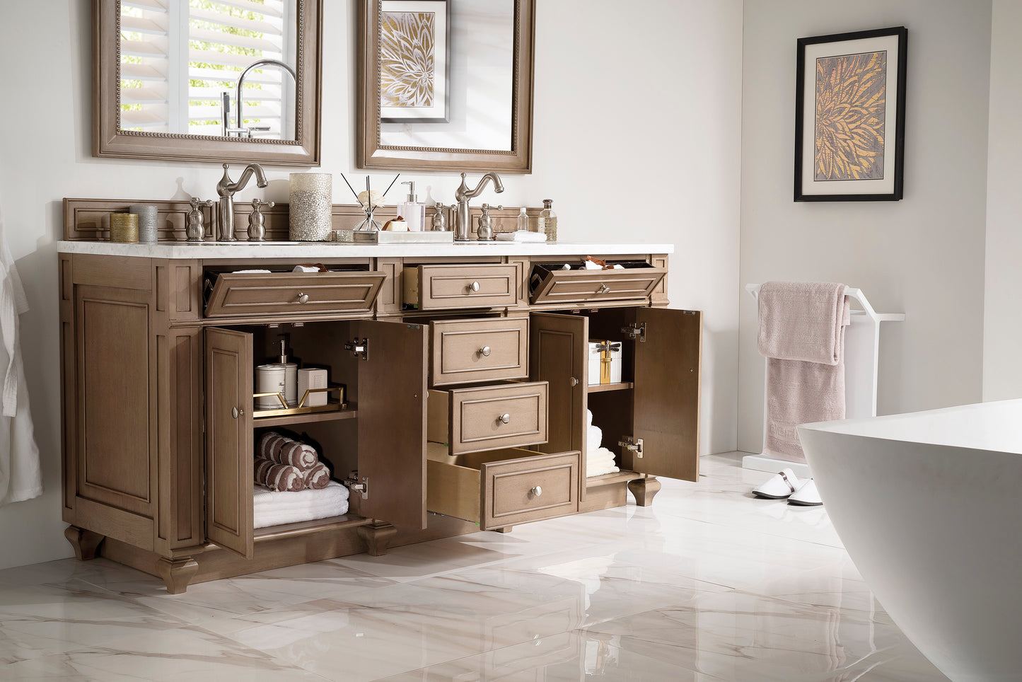 Bristol 72" Double Vanity, Whitewashed Walnut, w/ 3 CM Arctic Fall Solid Surface Top James Martin Vanities