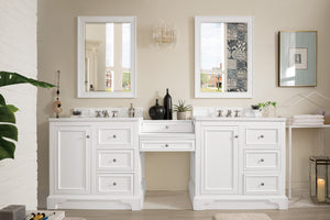 De Soto 94" Double Vanity Set, Bright White w/ Makeup Table, 3 CM White Zeus Quartz Top James Martin Vanities