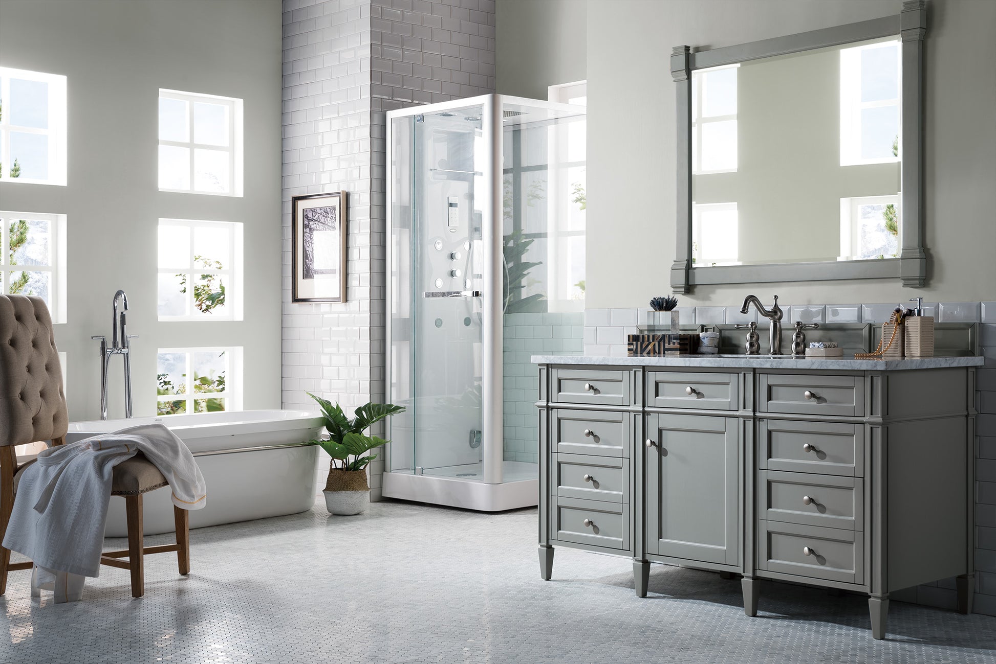 Brittany 60" Urban Gray Single Vanity w/ 3 CM Carrara Marble Top James Martin Vanities