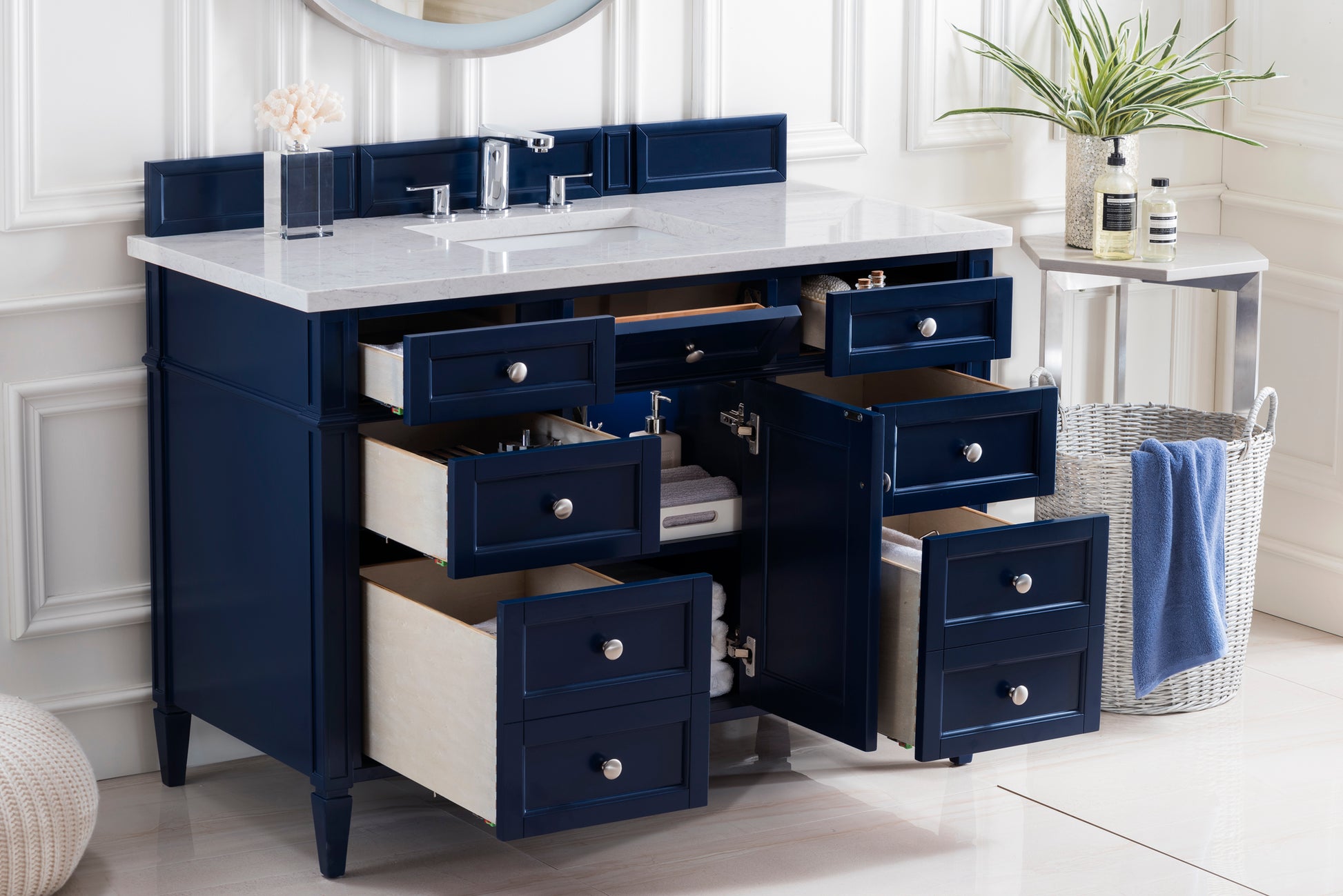 Brittany 48" Victory Blue Single Vanity w/ 3 CM Eternal Jasmine Pearl Quartz Top James Martin Vanities