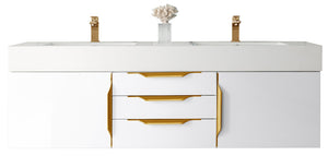 Mercer Island 59" Double Vanity, Glossy White, Radiant Gold w/ Glossy White Composite Top James Martin Vanities