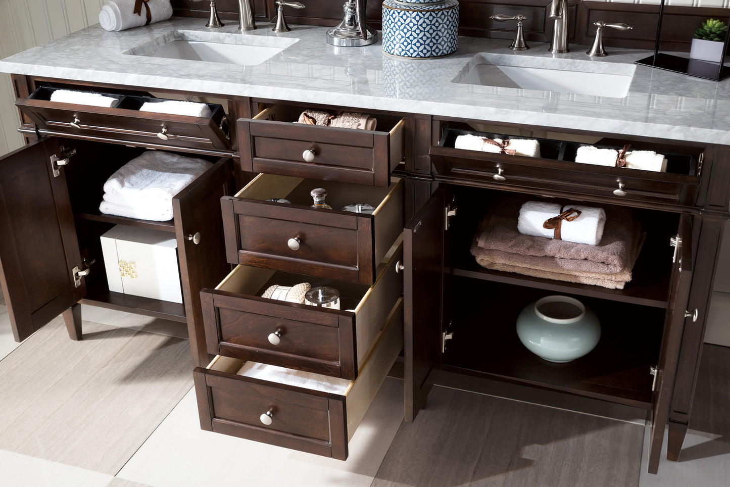 Brittany 72" Burnished Mahogany Double Vanity w/ 3 CM Carrara Marble Top James Martin Vanities