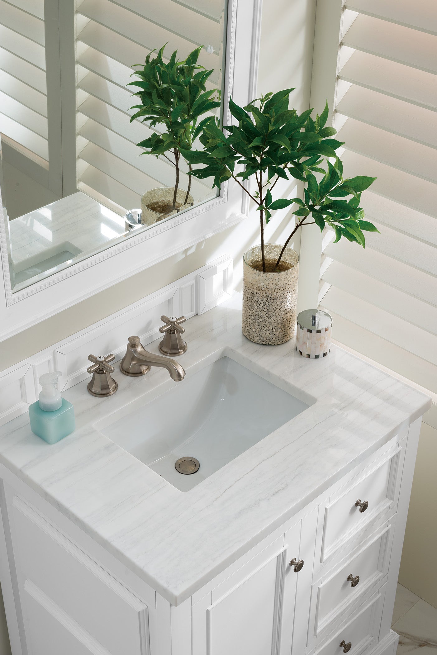 Bathroom Vanities Outlet Atlanta Renovate for LessDe Soto 30" Single Vanity, Bright White w/ 3 CM Arctic Fall Solid Surface Top