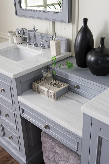 De Soto 82" Double Vanity Set, Silver Gray w/ Makeup Table, 3 CM Arctic Fall Solid Surface Top James Martin Vanities