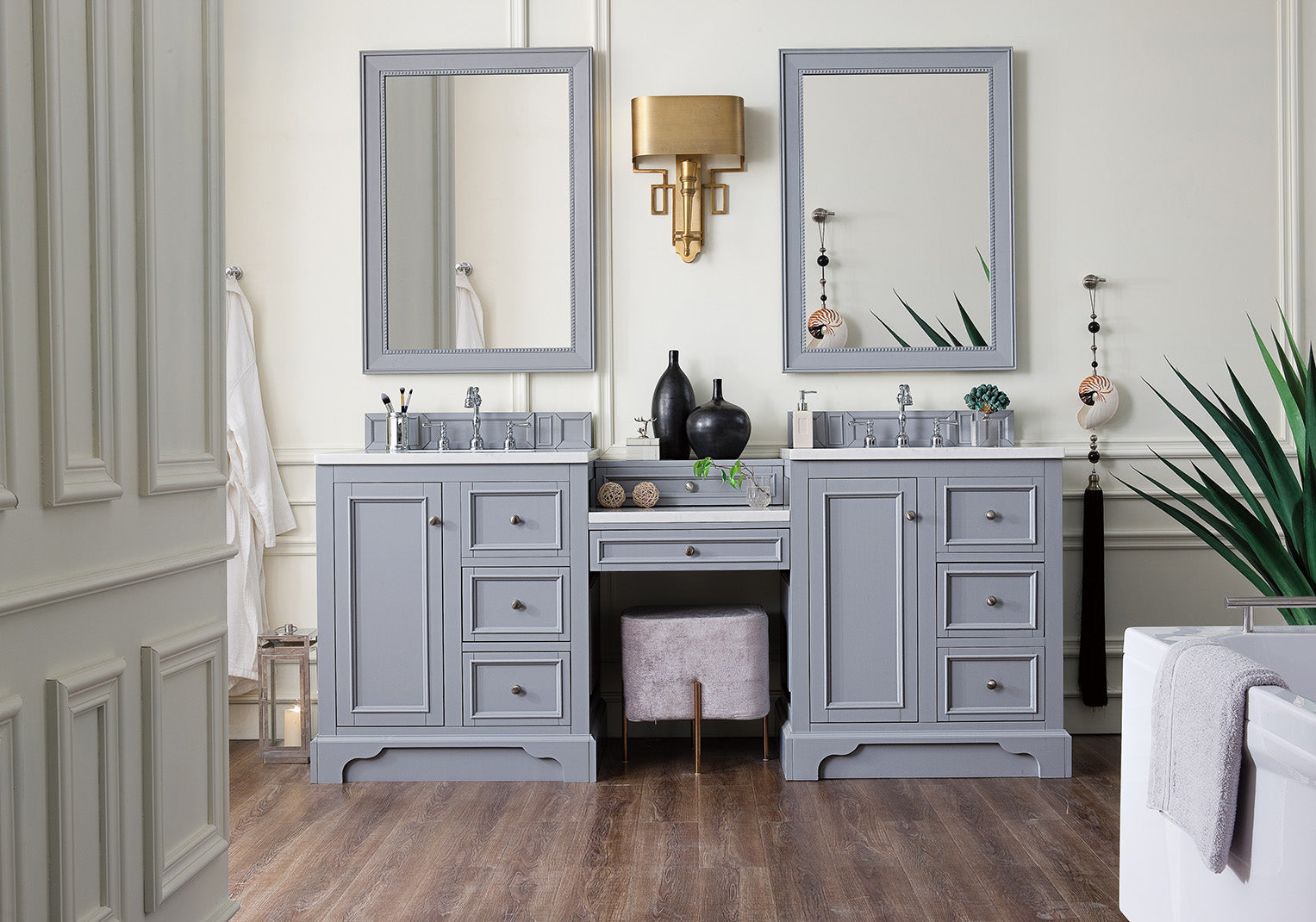 De Soto 82" Double Vanity Set, Silver Gray w/ Makeup Table, 3 CM Arctic Fall Solid Surface Top James Martin Vanities