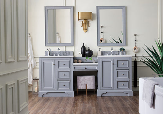 De Soto 82" Double Vanity Set, Silver Gray w/ Makeup Table, 3 CM Arctic Fall Solid Surface Top James Martin Vanities