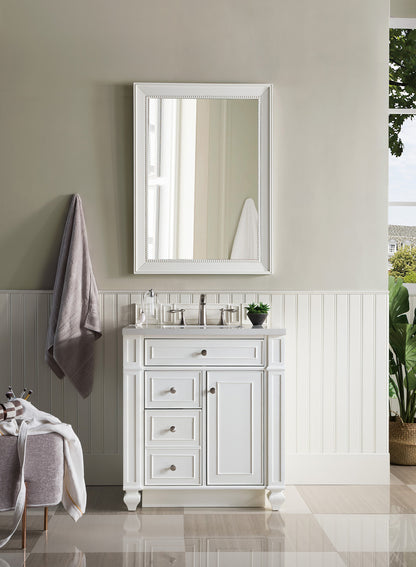 Bristol 30" Single Vanity, Bright White, w/ 3 CM White Zeus Quartz Top James Martin Vanities