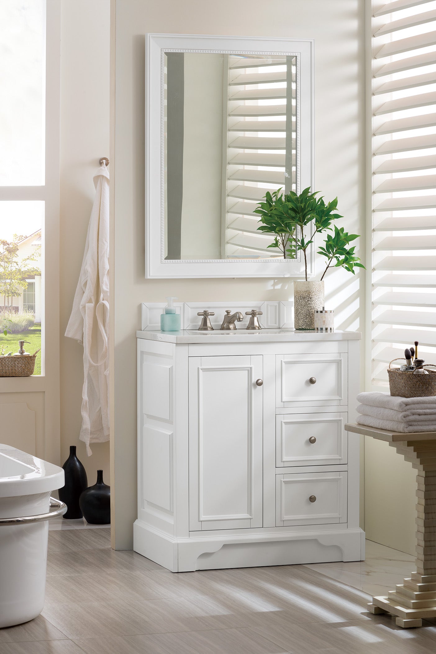 De Soto 30" Single Vanity, Bright White w/ 3 CM Arctic Fall Solid Surface Top James Martin Vanities