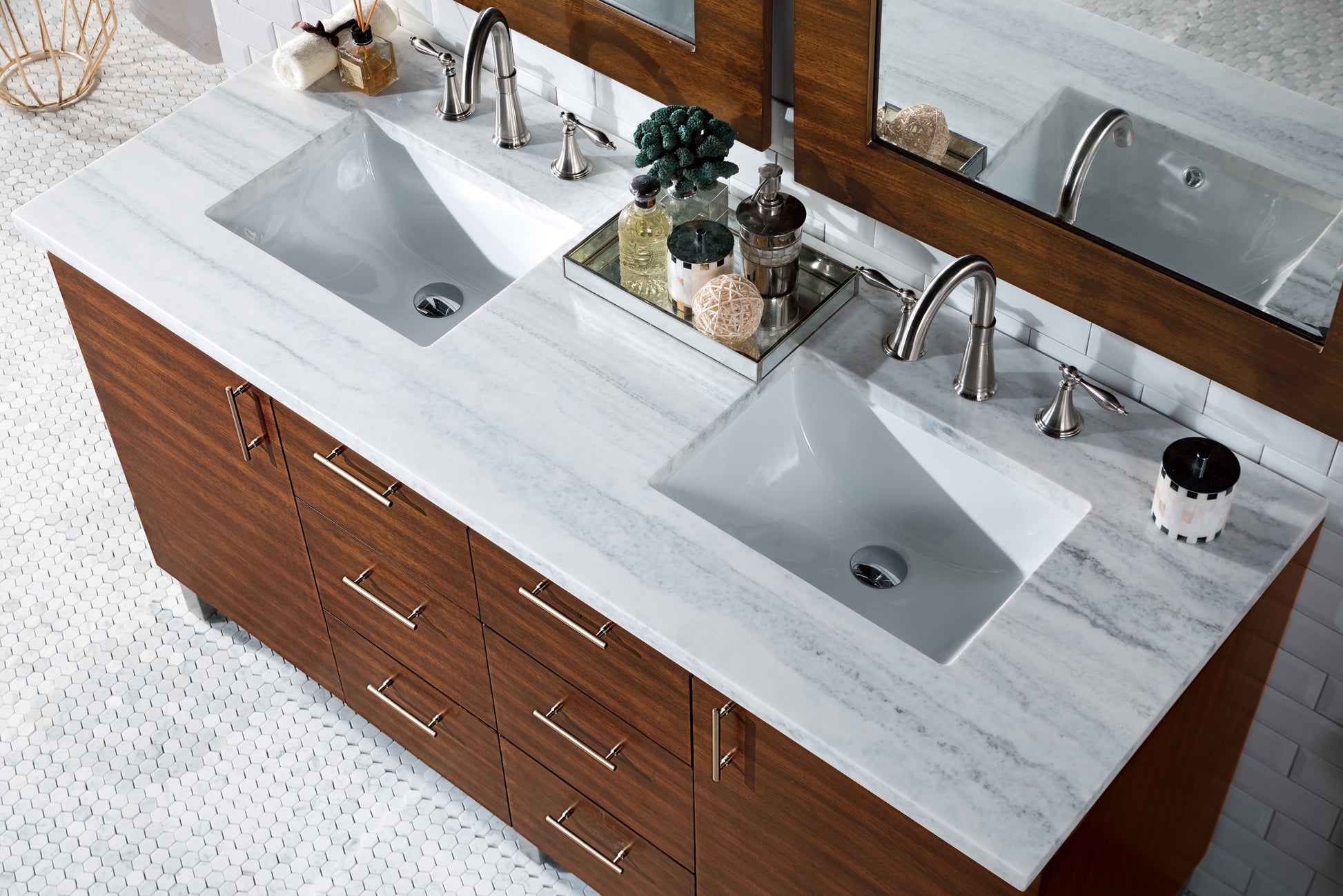 Metropolitan 60" American Walnut Double Vanity w/ 3 CM Arctic Fall Solid Surface Top James Martin Vanities