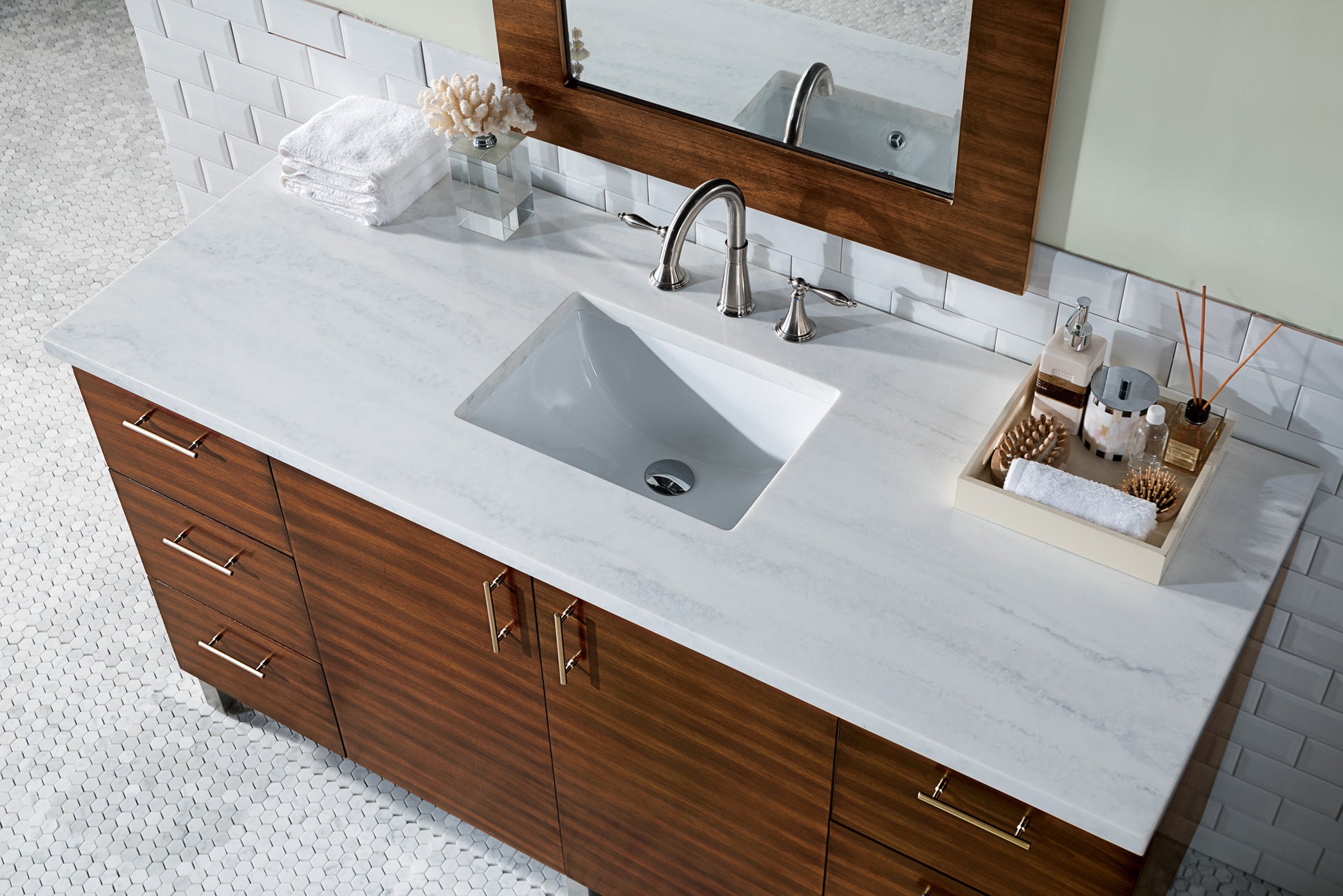 Metropolitan 60" American Walnut Single Vanity w/ 3 CM Arctic Fall Solid Surface Top James Martin Vanities