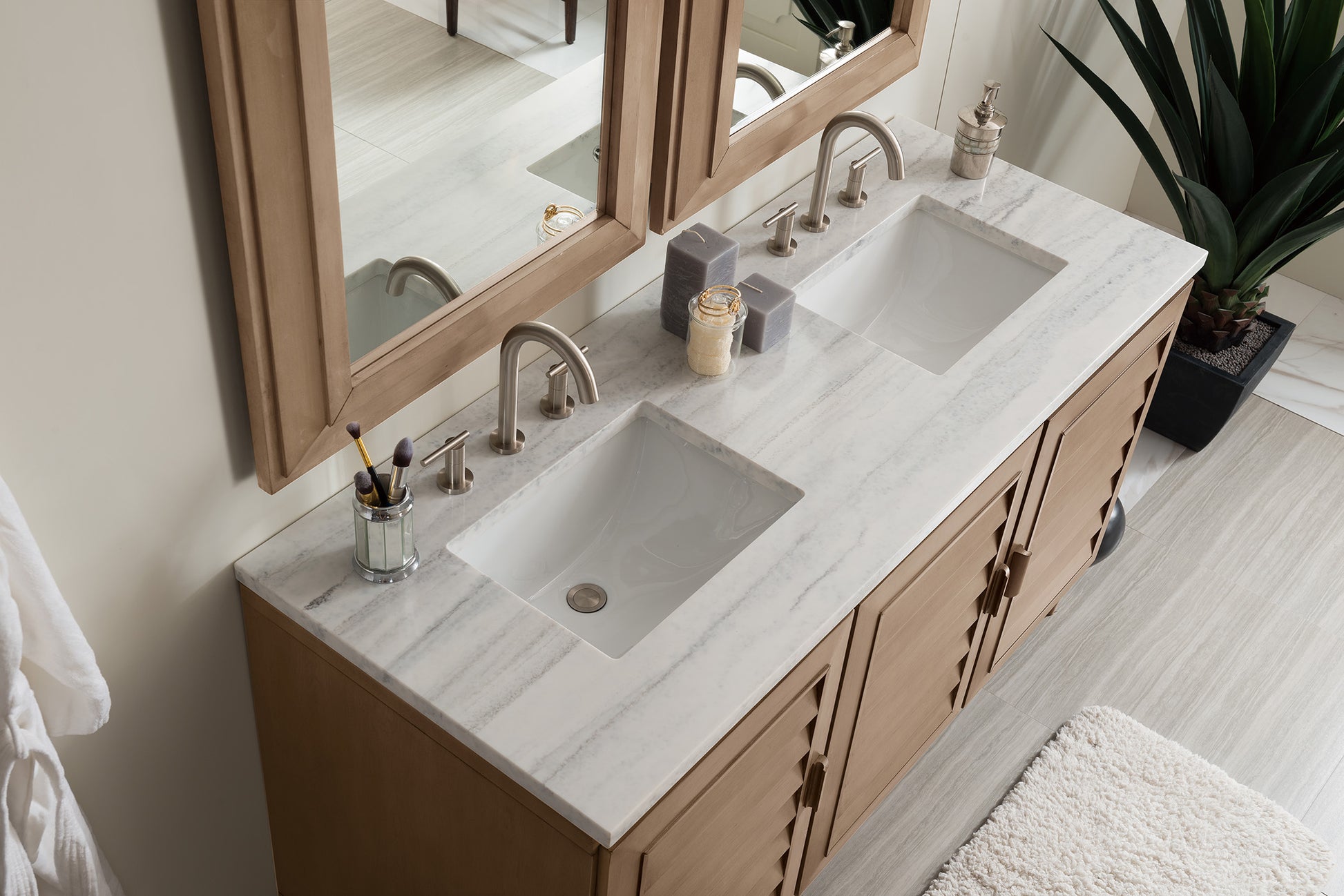 Bathroom Vanities Outlet Atlanta Renovate for LessPortland 60" Double Vanity Whitewashed Walnut w/ 3 CM Arctic Fall Solid Surface Top