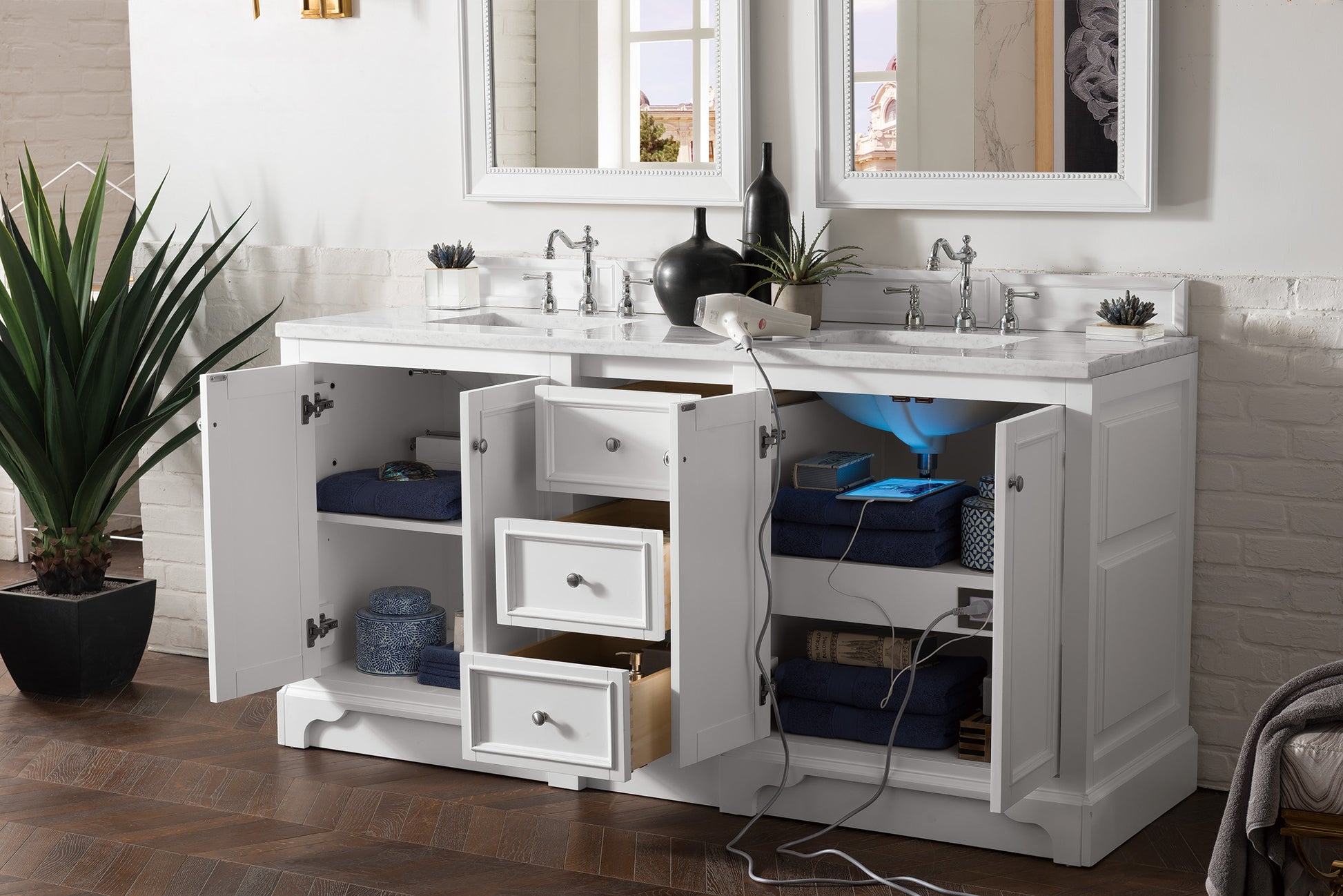 De Soto 72" Double Vanity, Bright White w/ 3 CM Arctic Fall Solid Surface Top James Martin Vanities