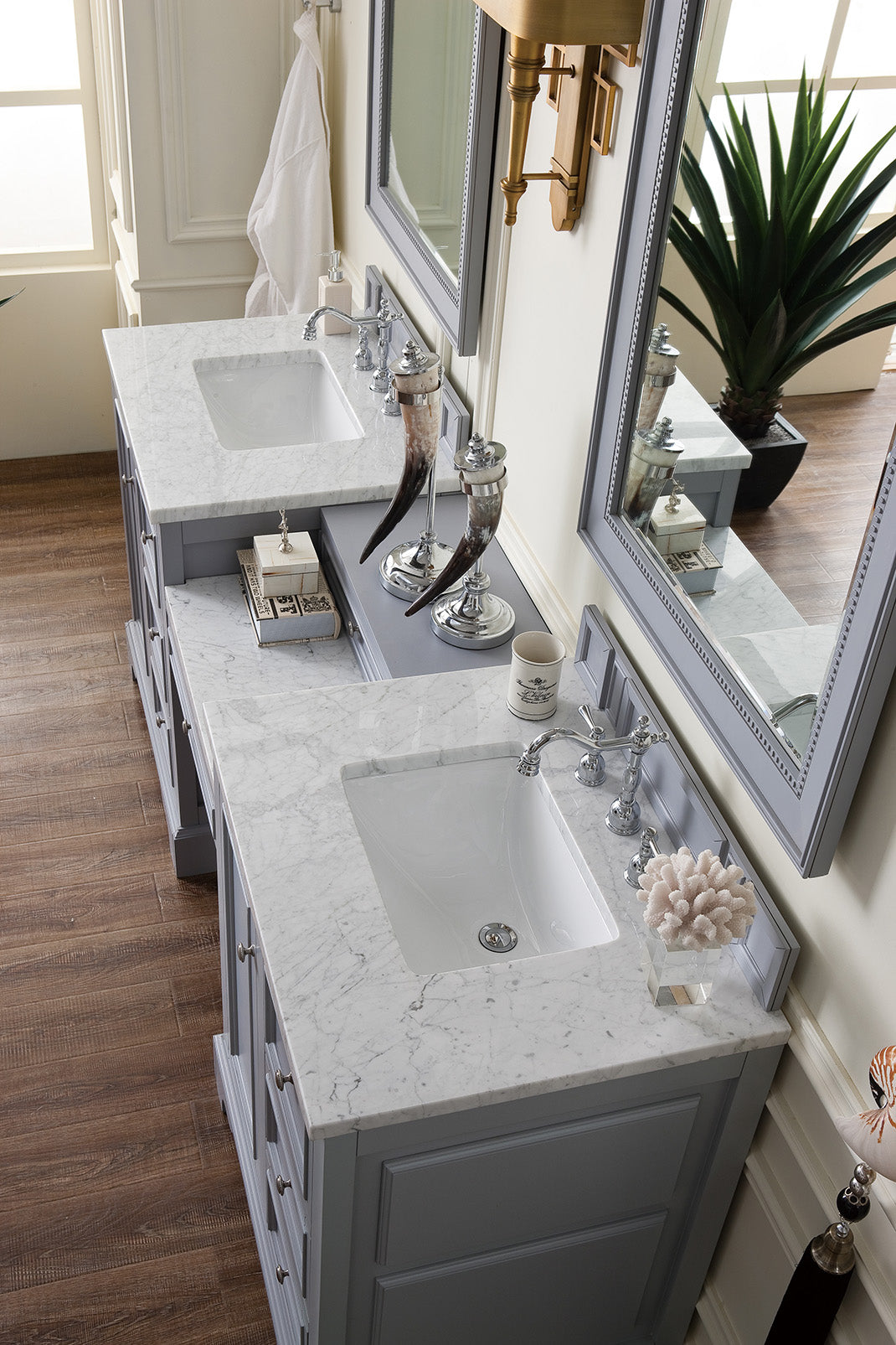 De Soto 82" Double Vanity Set, Silver Gray w/ Makeup Table, 3 CM Carrara Marble Top James Martin Vanities