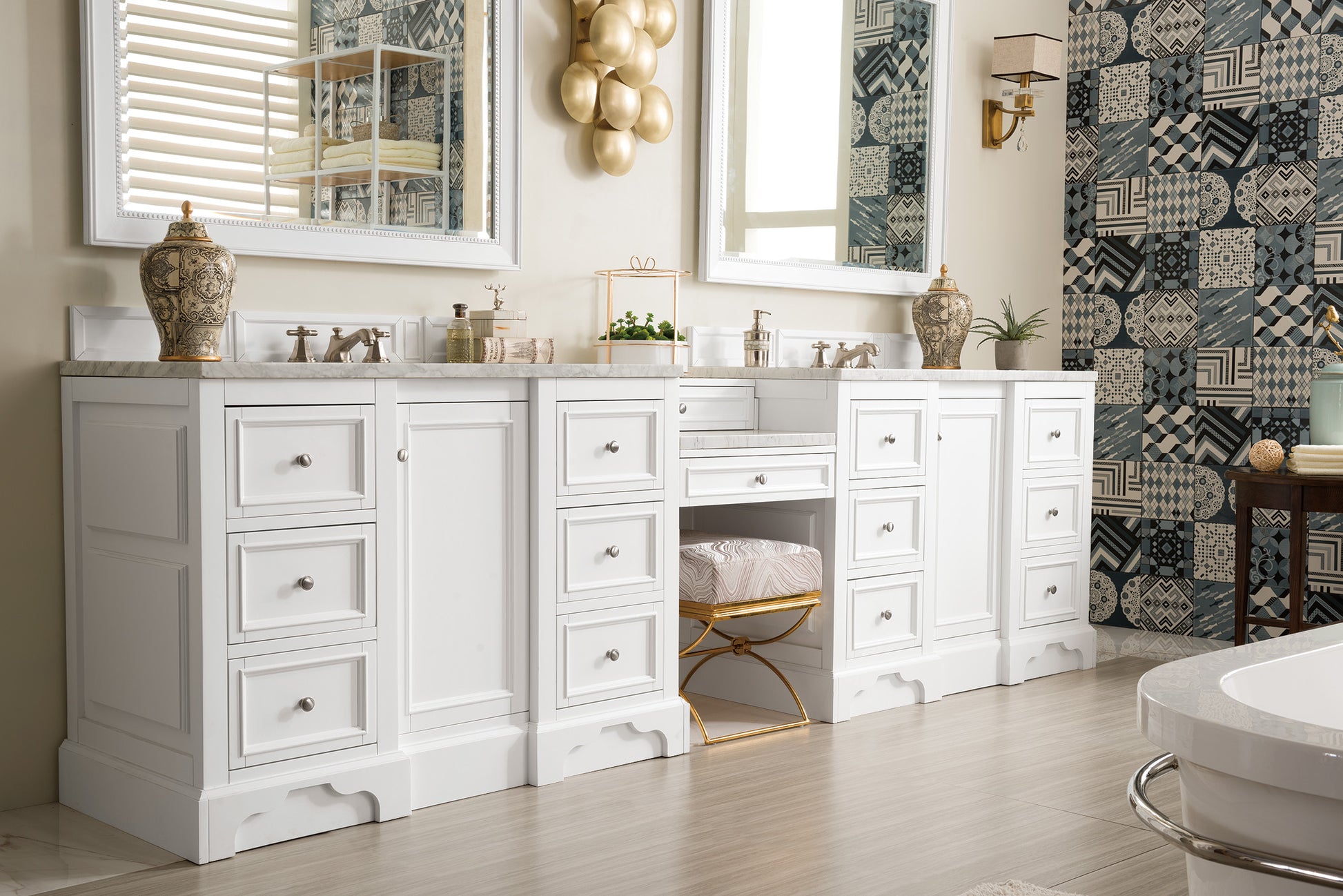 De Soto 118" Double Vanity Set, Bright White w/ Makeup Table, 3 CM Carrara Marble Top James Martin Vanities