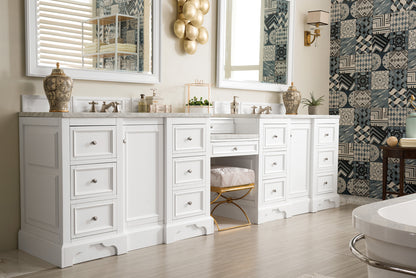De Soto 118" Double Vanity Set, Bright White w/ Makeup Table, 3 CM Carrara Marble Top James Martin Vanities