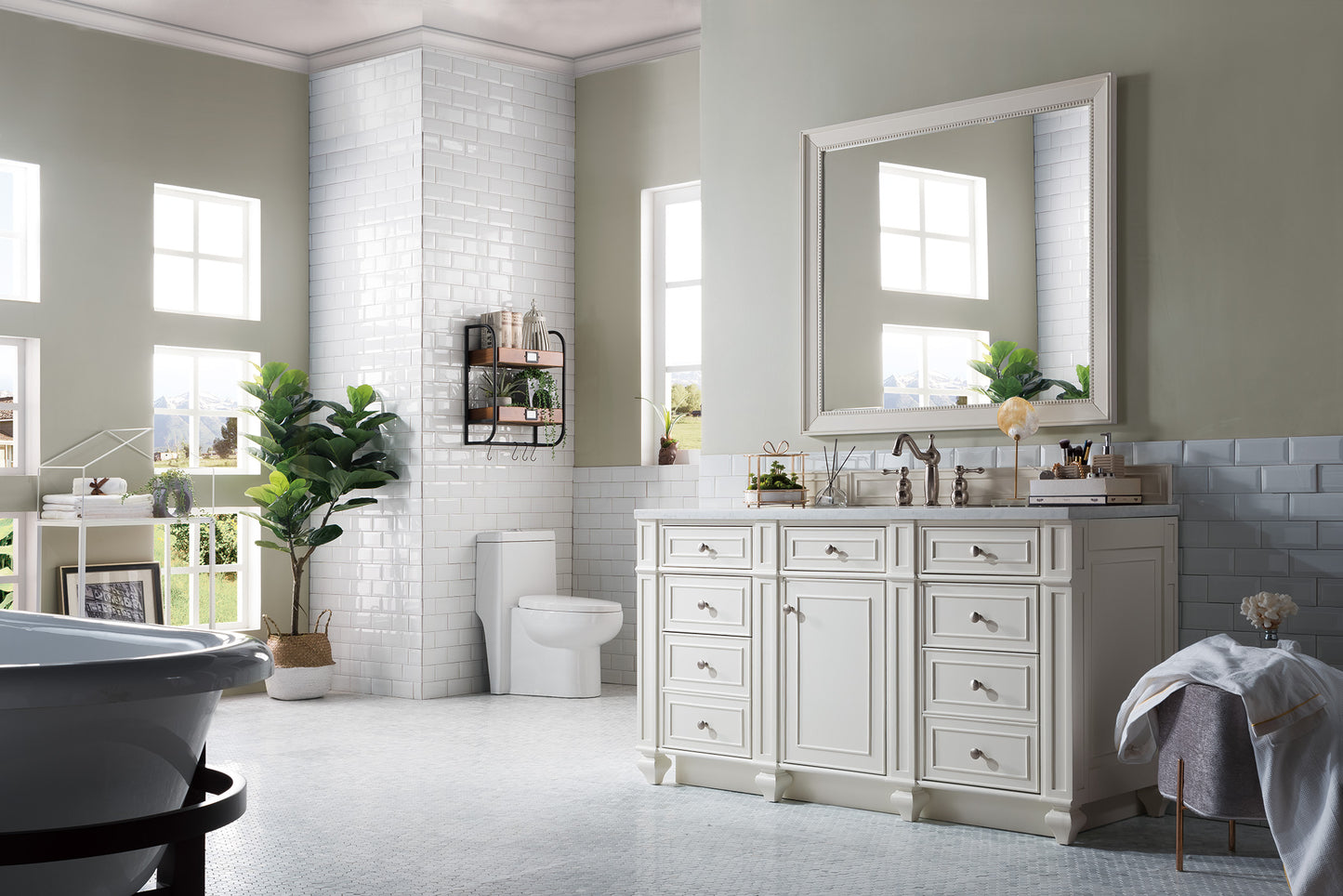 Bristol 60" Single Vanity, Bright White, w/ 3 CM Arctic Fall Solid Surface Top James Martin Vanities