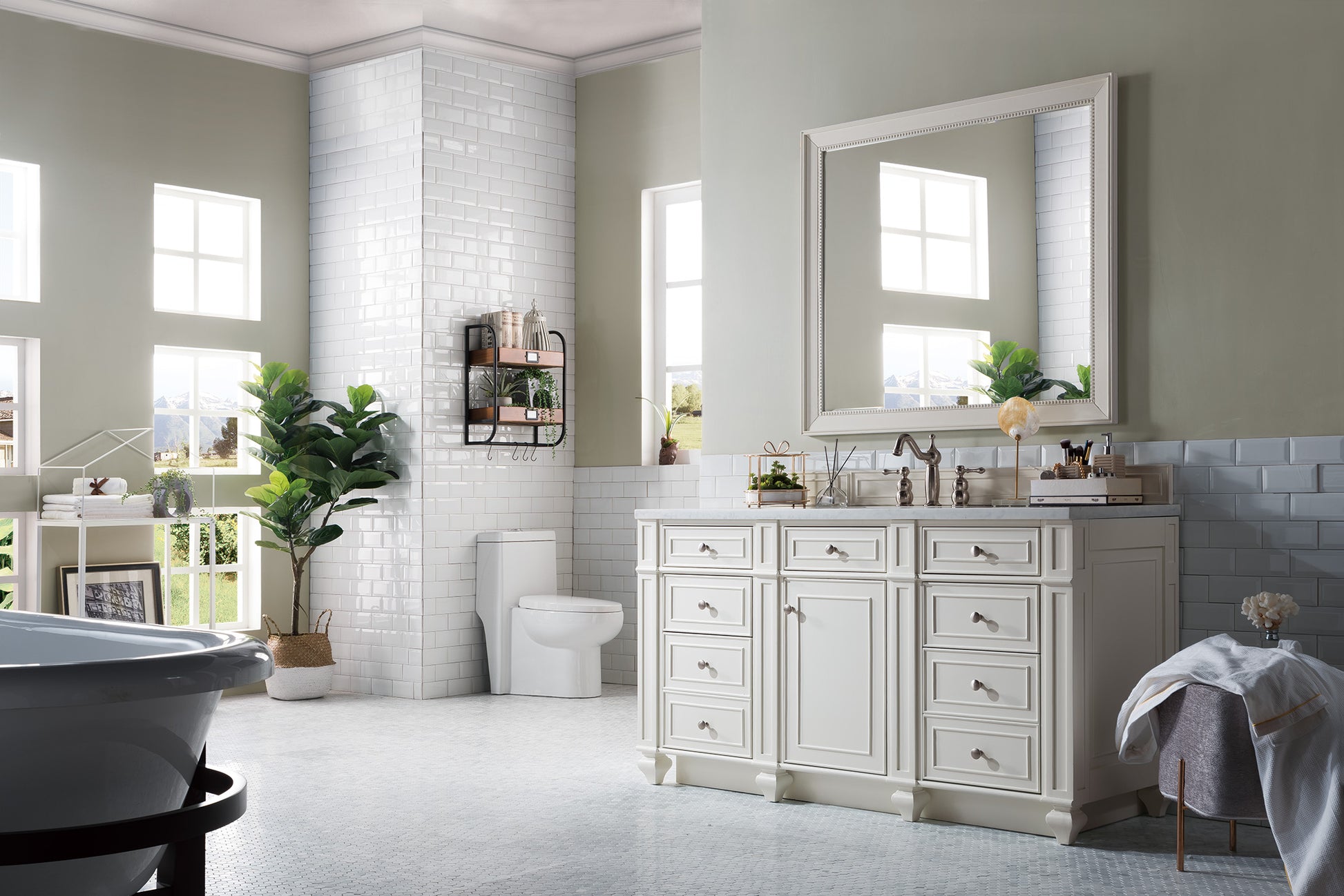 Bristol 60" Single Vanity, Bright White, w/ 3 CM Arctic Fall Solid Surface Top James Martin Vanities