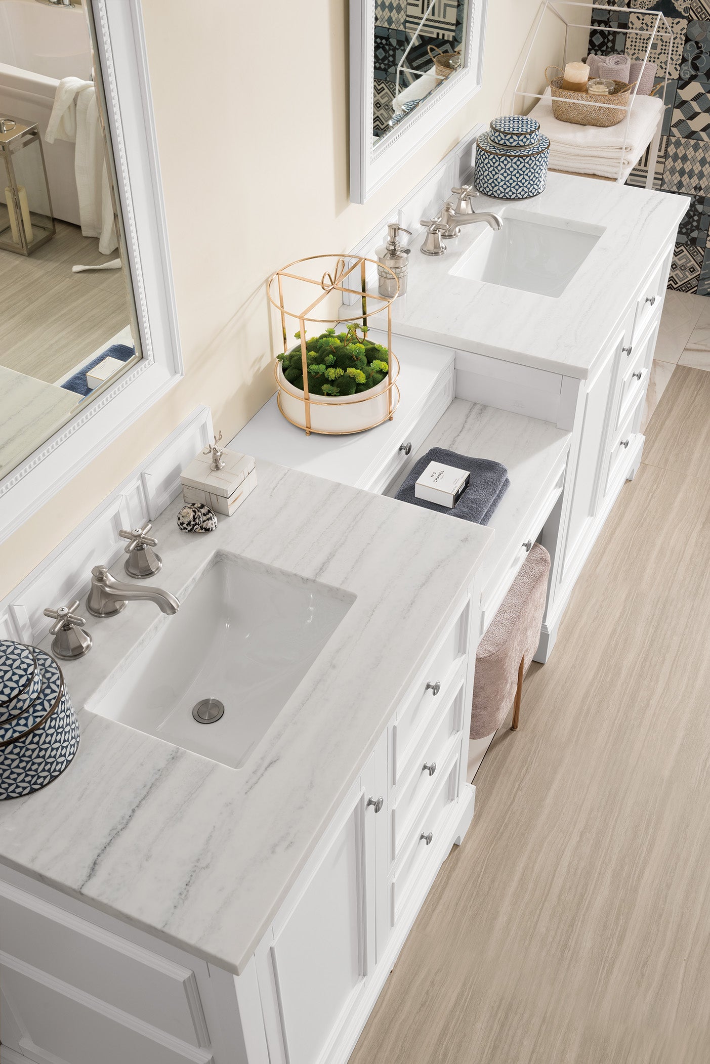 De Soto 94" Double Vanity Set, Bright White w/ Makeup Table, 3 CM Arctic Fall Solid Surface Top James Martin Vanities