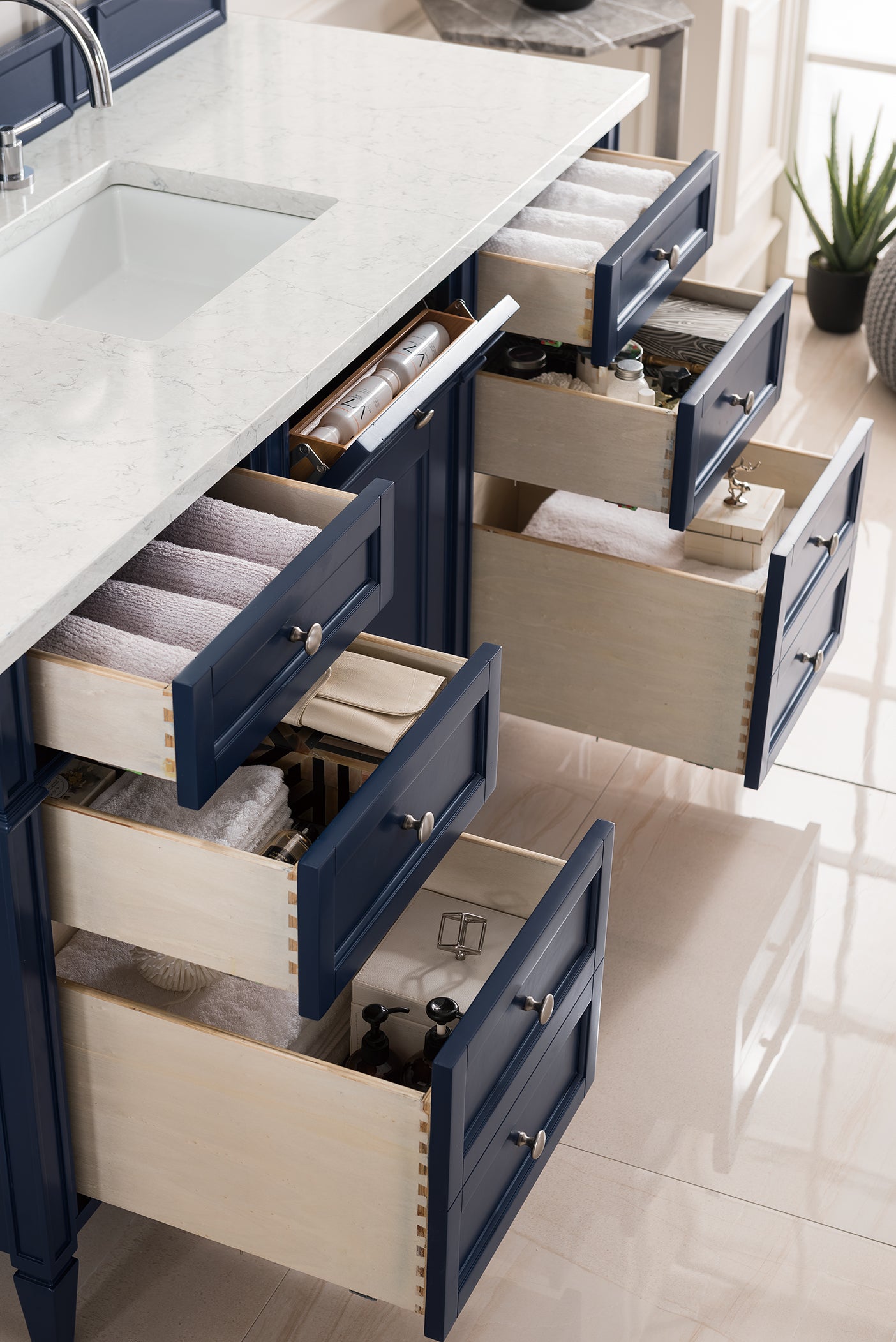 Brittany 60" Victory Blue Single Vanity w/ 3 CM Eternal Jasmine Pearl Quartz Top James Martin Vanities