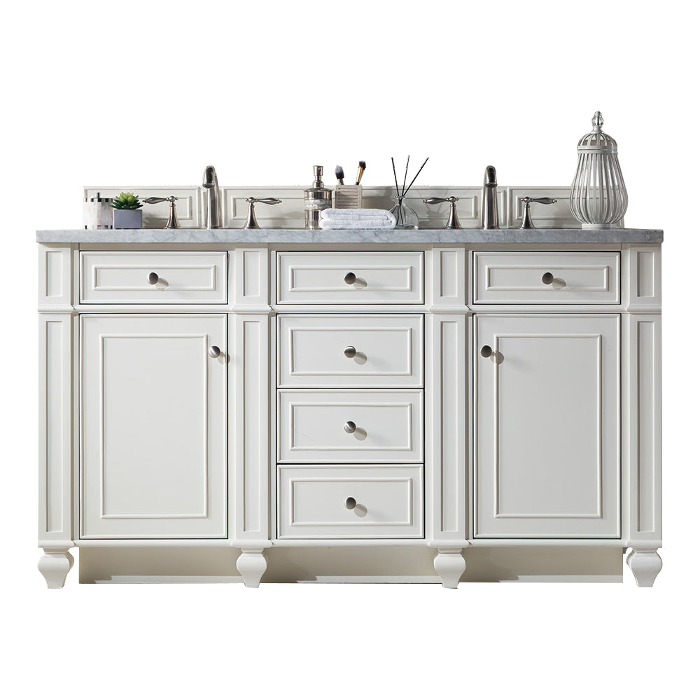 Bristol 60" Double Vanity, Bright White, w/ 3 CM Carrara Marble Top James Martin Vanities