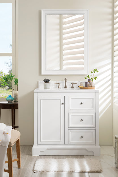 De Soto 36" Single Vanity, Bright White w/ 3 CM Arctic Fall Solid Surface Top James Martin Vanities
