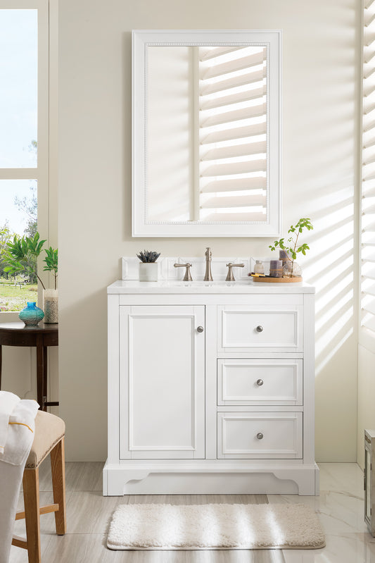 De Soto 36" Single Vanity, Bright White w/ 3 CM Arctic Fall Solid Surface Top James Martin Vanities