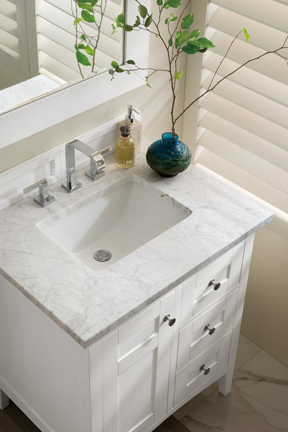 Palisades 30" Single Vanity, Bright White w/ 3 CM Carrara Marble Top James Martin Vanities