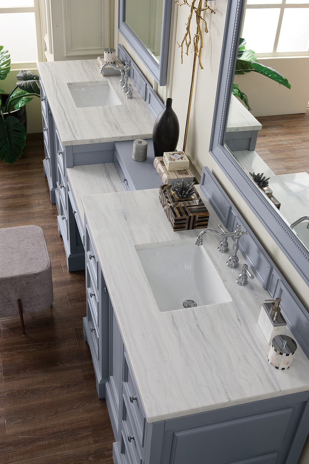 Bathroom Vanities Outlet Atlanta Renovate for LessDe Soto 118" Double Vanity Set, Silver Gray w/ Makeup Table, 3 CM Arctic Fall Solid Surface Top