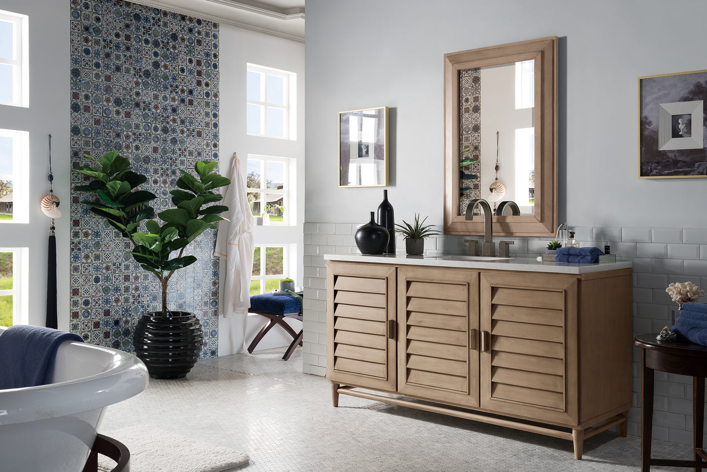 Portland 60" Single Vanity Whitewashed Walnut w/ 3 CM Arctic Fall Solid Surface Top James Martin Vanities
