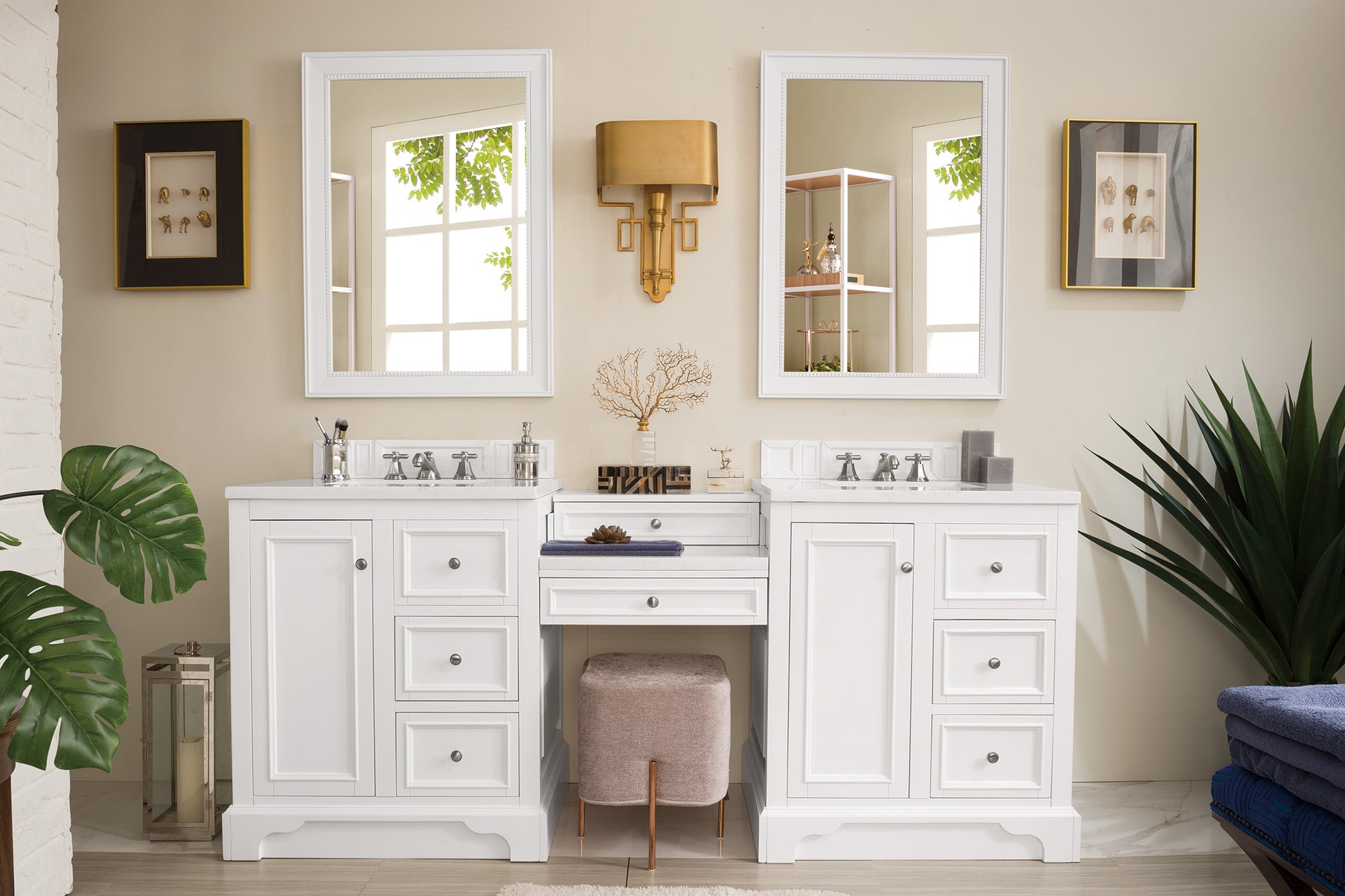 De Soto 82" Double Vanity Set, Bright White w/ Makeup Table, 3 CM Arctic Fall Solid Surface Top James Martin Vanities