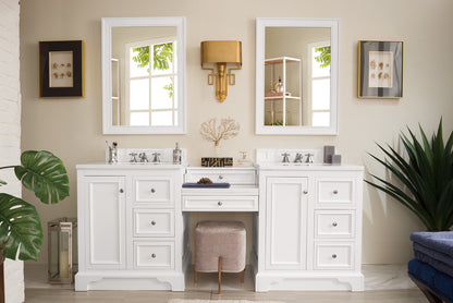 De Soto 82" Double Vanity Set, Bright White w/ Makeup Table, 3 CM Arctic Fall Solid Surface Top James Martin Vanities