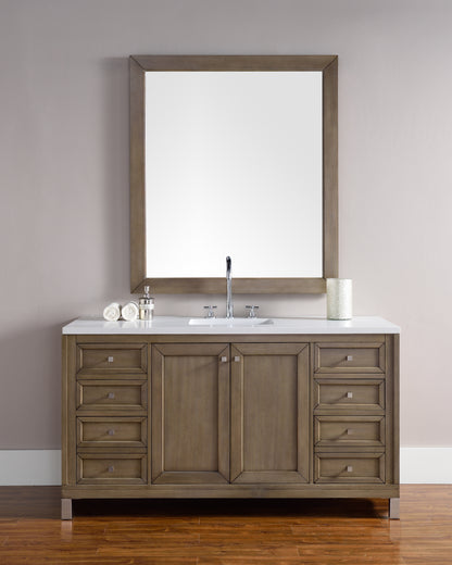 Chicago 60" Single Vanity, Whitewashed Walnut w/ 3 CM White Zeus Quartz Top James Martin Vanities