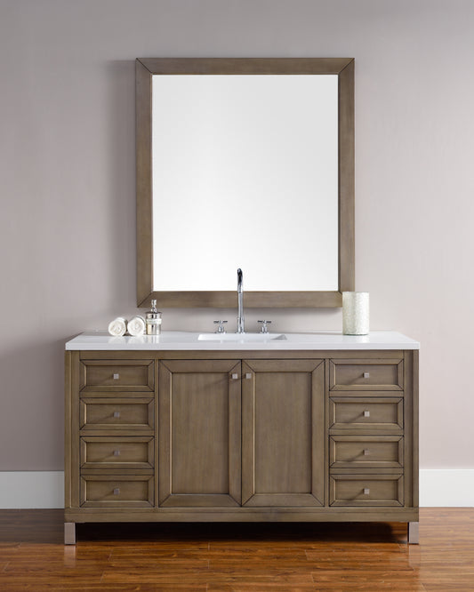 Chicago 60" Single Vanity, Whitewashed Walnut w/ 3 CM White Zeus Quartz Top James Martin Vanities