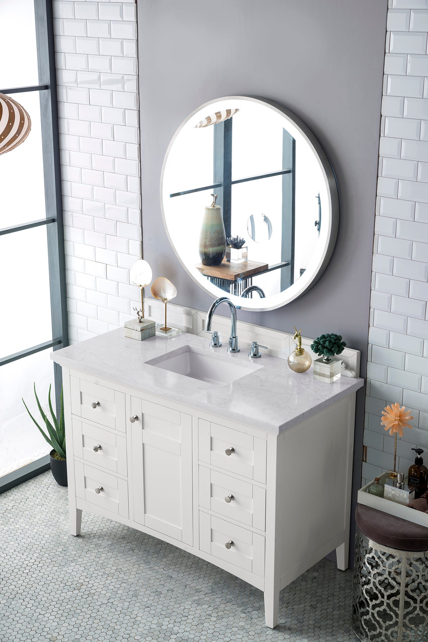 Palisades 48" Single Vanity, Bright  White, w/ 3 CM Eternal Jasmine Pearl Quartz Top James Martin Vanities