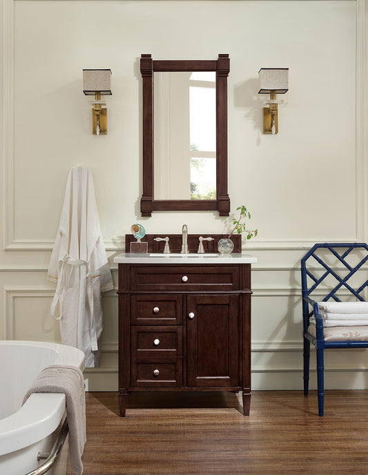 Brittany 30" Single Vanity, Burnished Mahogany w/ 3 CM Carrara Marble Top James Martin Vanities