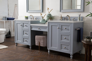 Copper Cove Encore 86" Double Vanity Set, Silver Gray w/ Makeup Table, 3 CM White Zeus Quartz Top James Martin Vanities