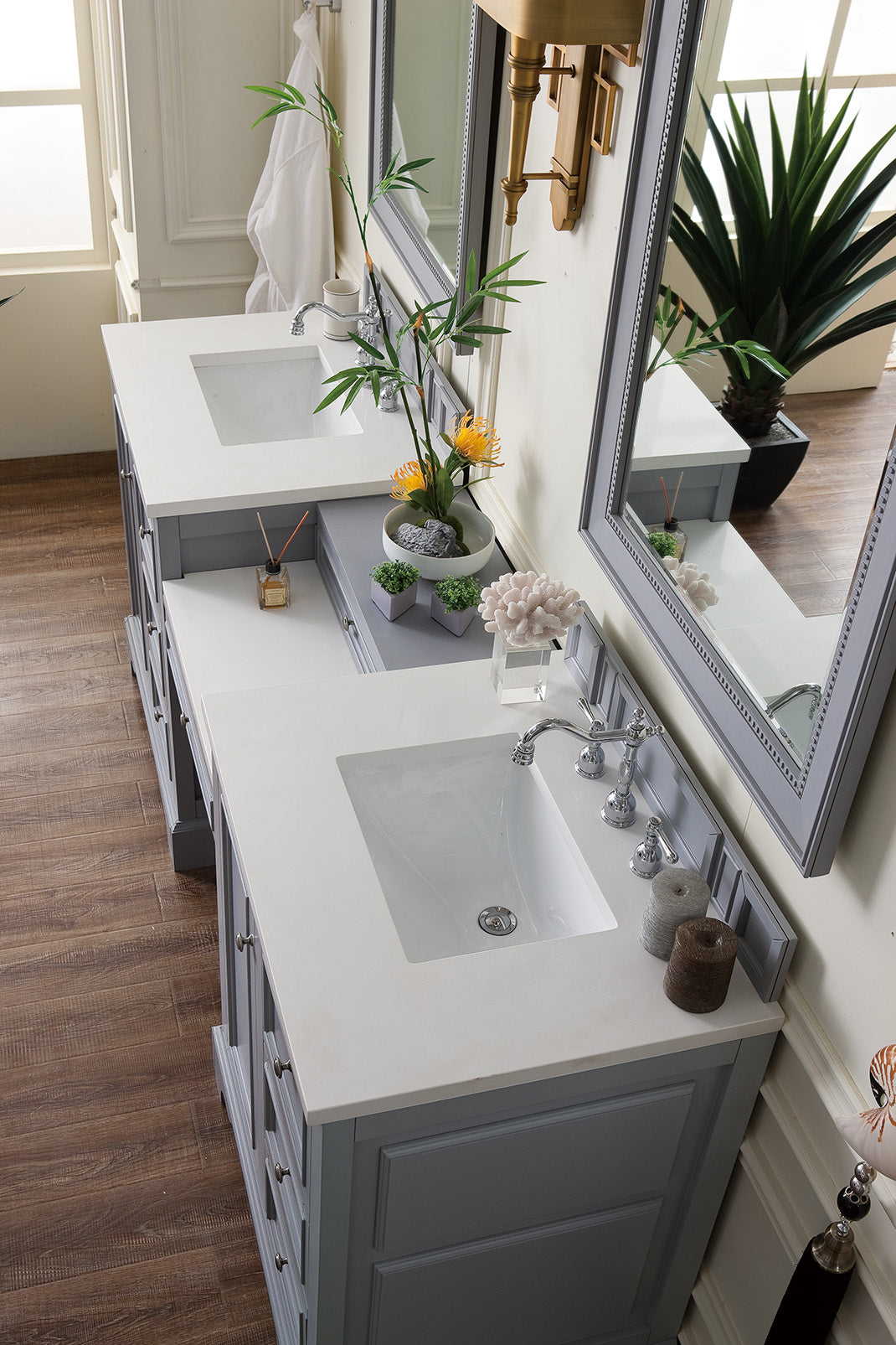 Bathroom Vanities Outlet Atlanta Renovate for LessDe Soto 82" Double Vanity Set, Silver Gray w/ Makeup Table, 3 CM White Zeus Quartz Top