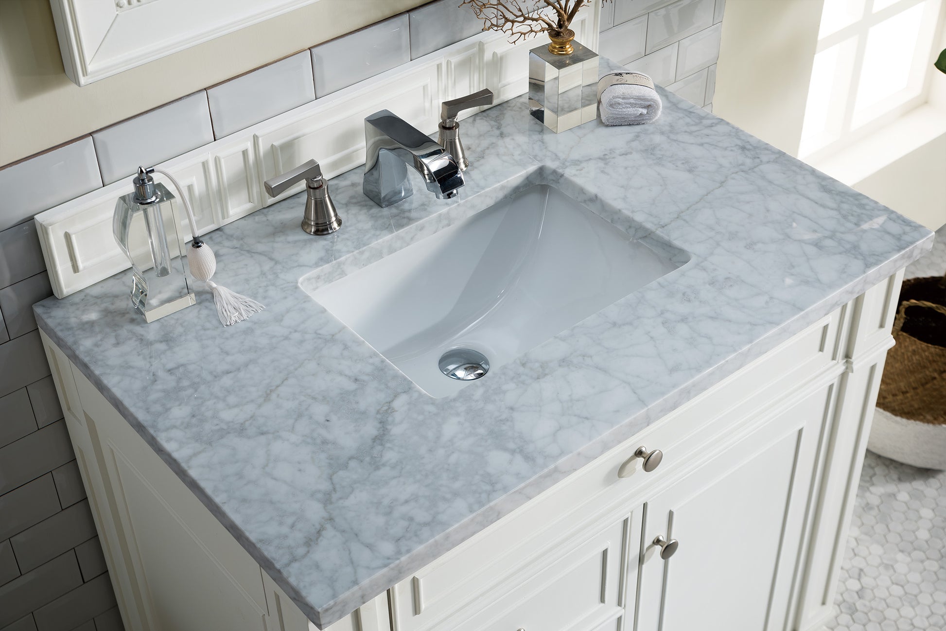 Bristol 36" Single Vanity, Bright White, w/ 3 CM Carrara Marble Top James Martin Vanities