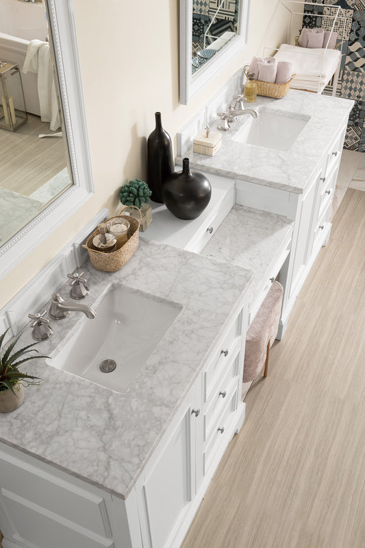 De Soto 94" Double Vanity Set, Bright White w/ Makeup Table, 3 CM Carrara Marble Top James Martin Vanities