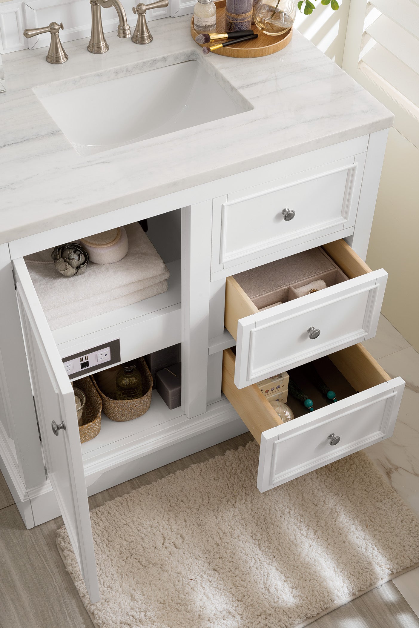 De Soto 36" Single Vanity, Bright White w/ 3 CM Arctic Fall Solid Surface Top James Martin Vanities