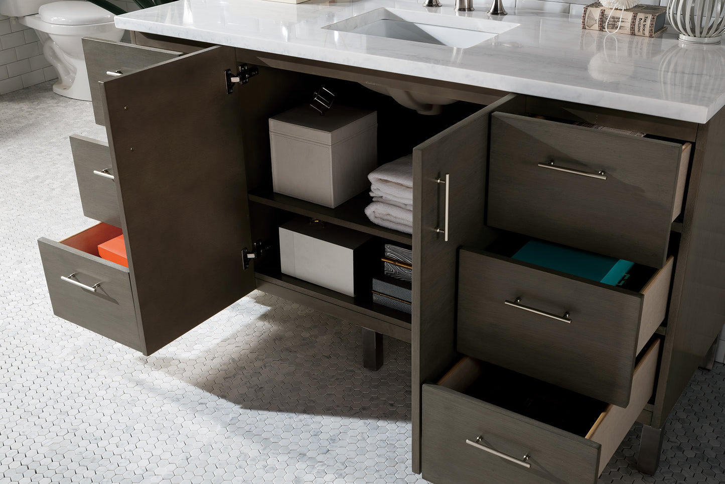 Metropolitan 60" Silver Oak Single Vanity w/ 3 CM Arctic Fall Solid Surface Top James Martin Vanities