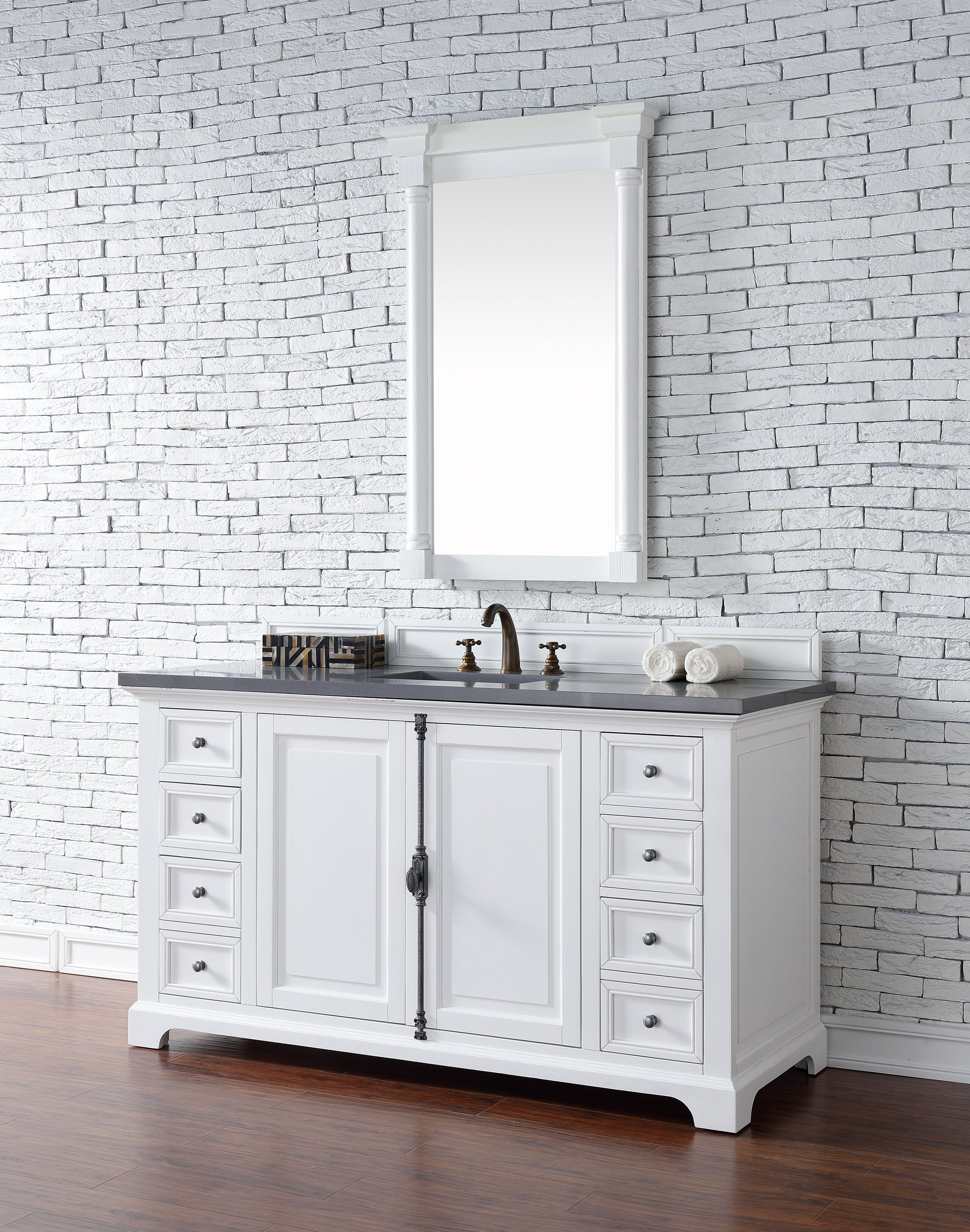 Providence 60" Single Vanity Cabinet, Bright White, w/ 3 CM Grey Expo Quartz Top James Martin