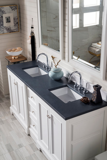De Soto 72" Double Vanity, Bright White w/ 3 CM Charcoal Soapstone Quartz Top James Martin Vanities